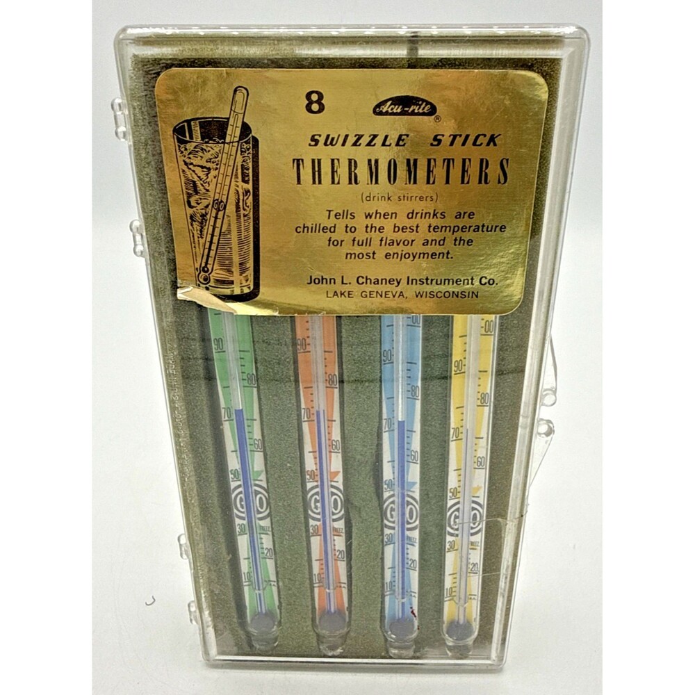 Vintage AcuRite Thermometers Swizzle Sticks Set Of 8 W/Original Box